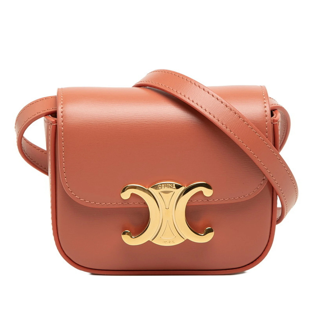 Celine Triomphe Mini Claude Crossbody Shoulder Bag/Pouch, Pink Orange Leather...
